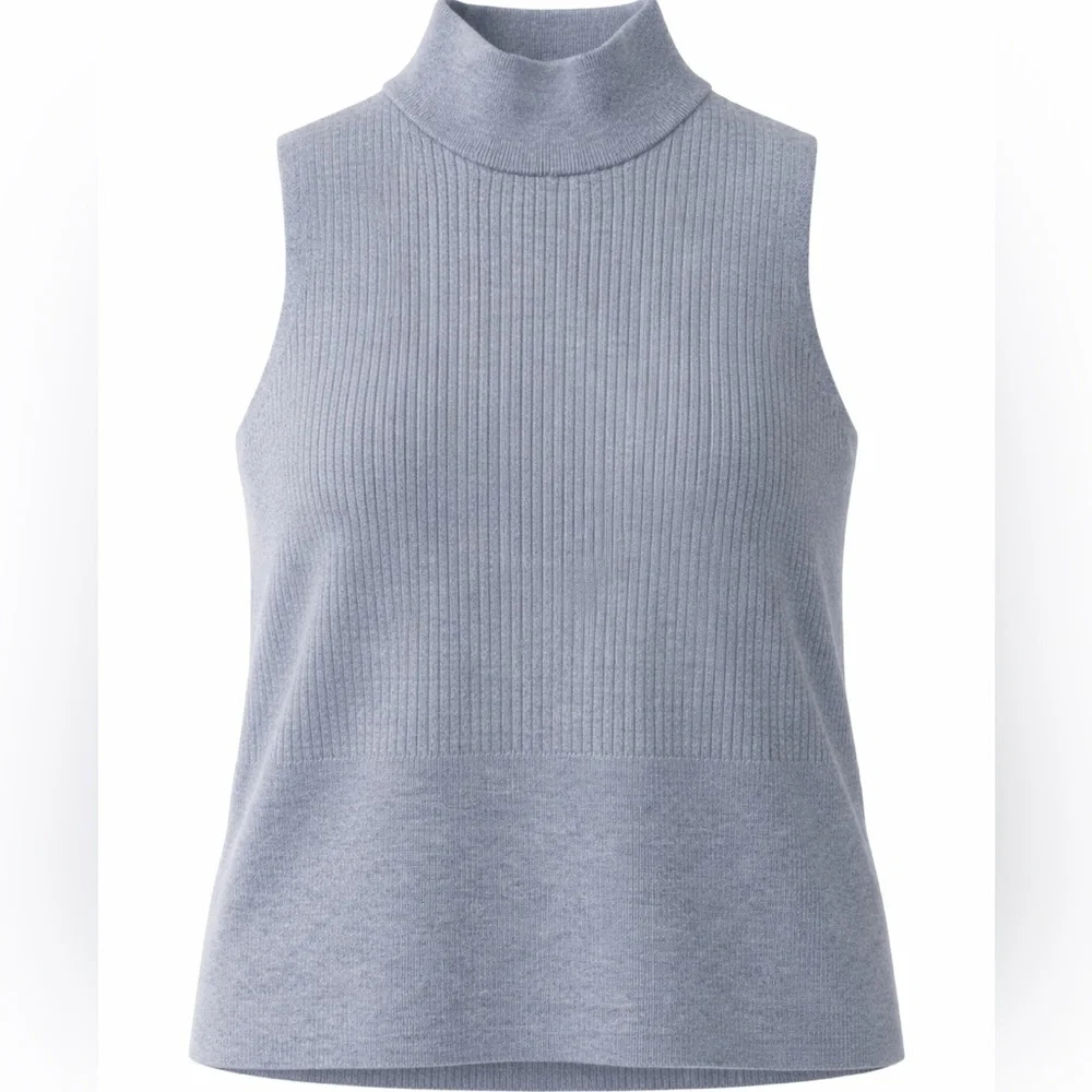 Halston 100% Merino Wool Soft Blue Sleeveless Ribbed Pullover Sweater, Size XL
